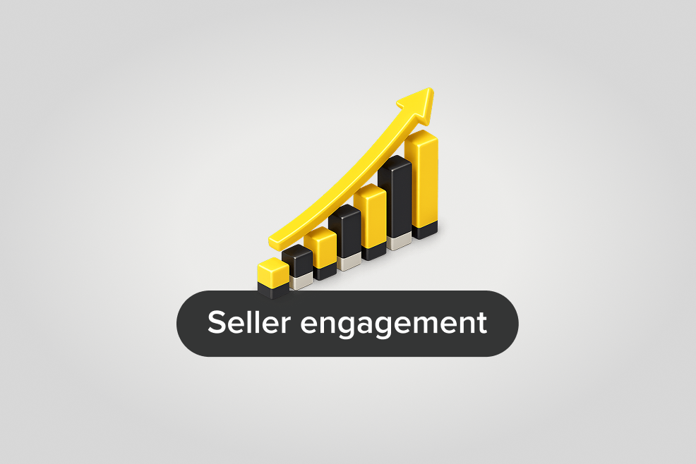 Rising gold and black bar chart above the label Seller engagement.