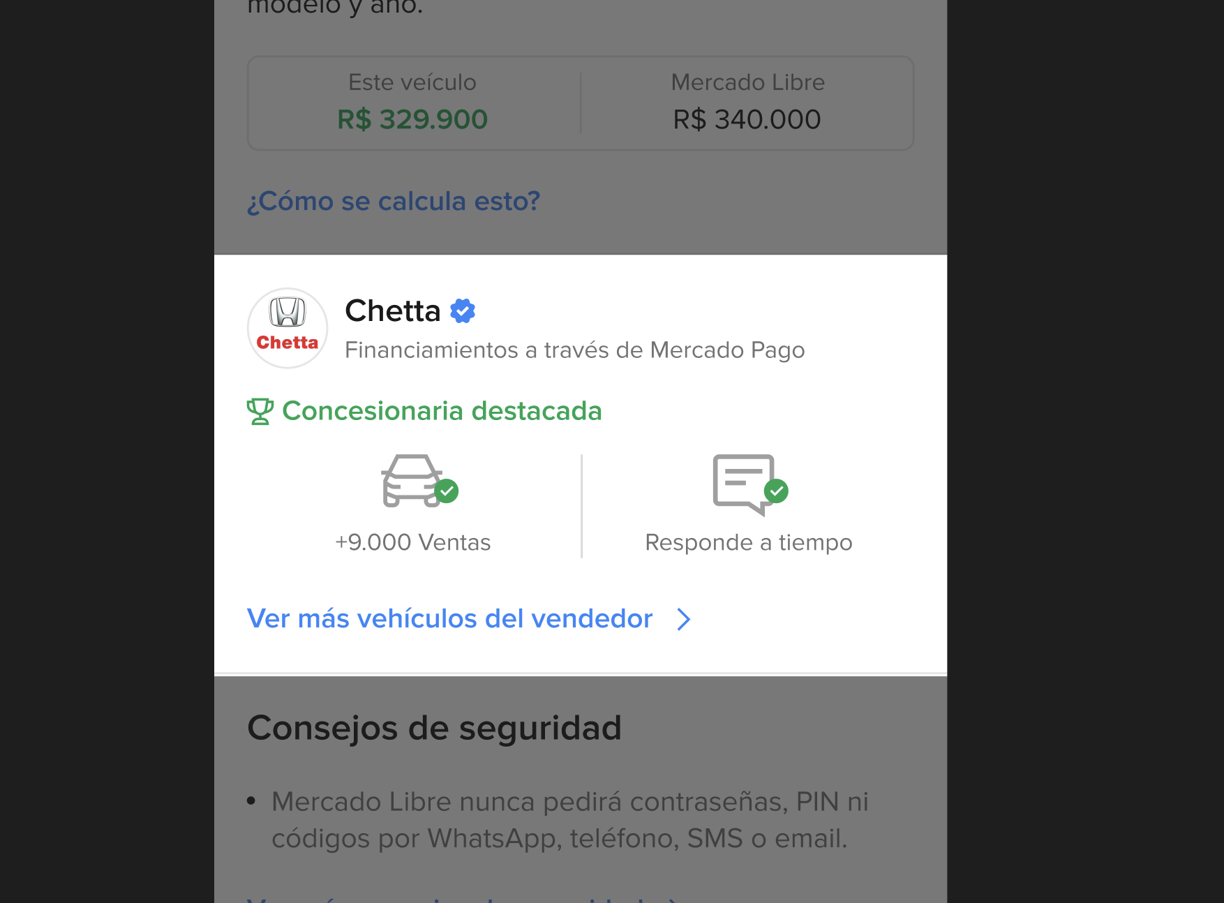 Vehicle product page with a highlighted dealership module showing a trophy icon, sales count, response-time cue, and a link to more vehicles from the seller.