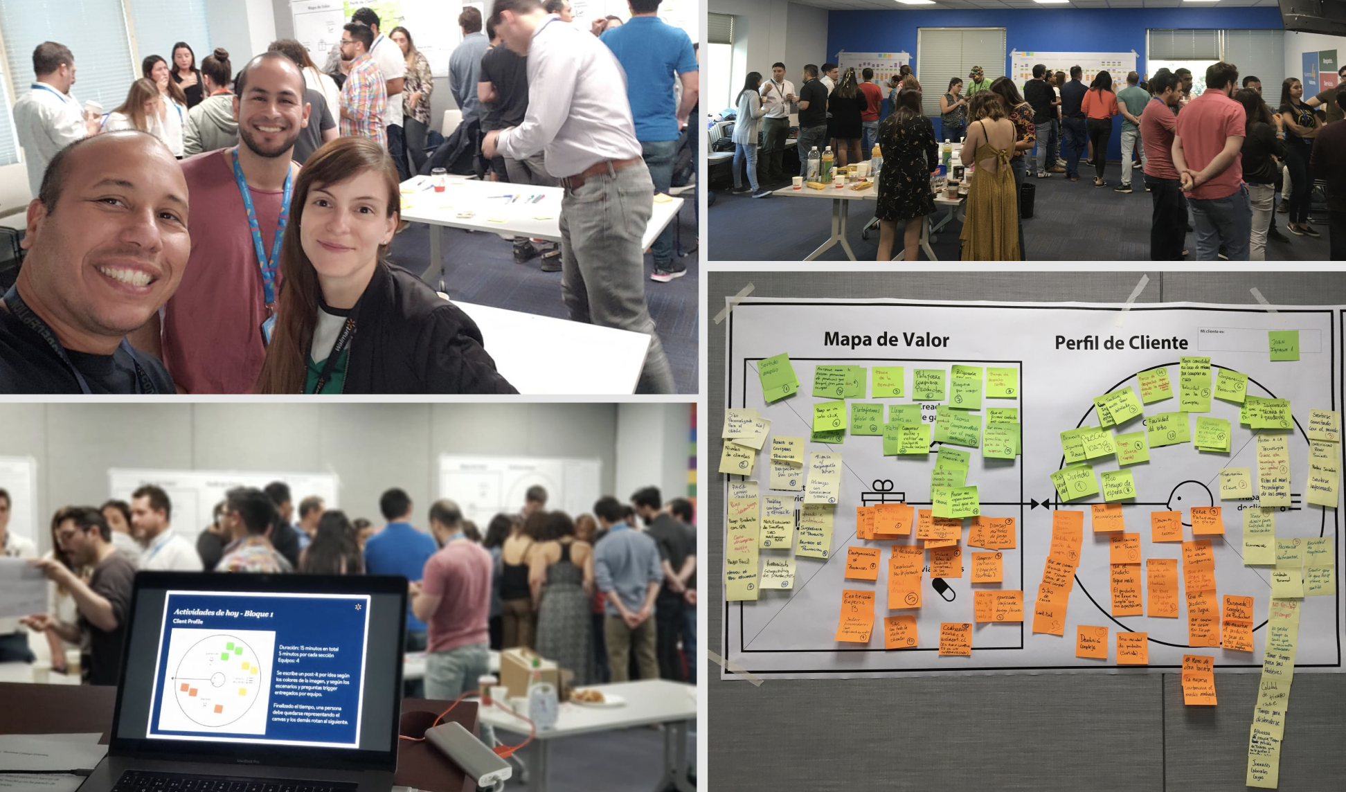Collaborative workshop scenes, value-proposition boards, and Isabel with colleagues.