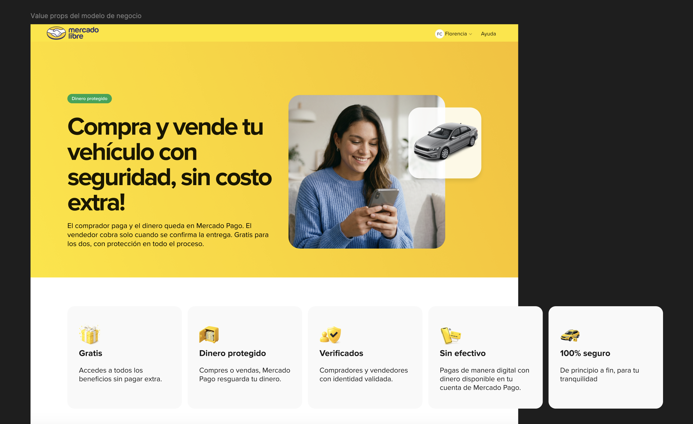 Design board showing the Dinero protegido landing and five value proposition cards.