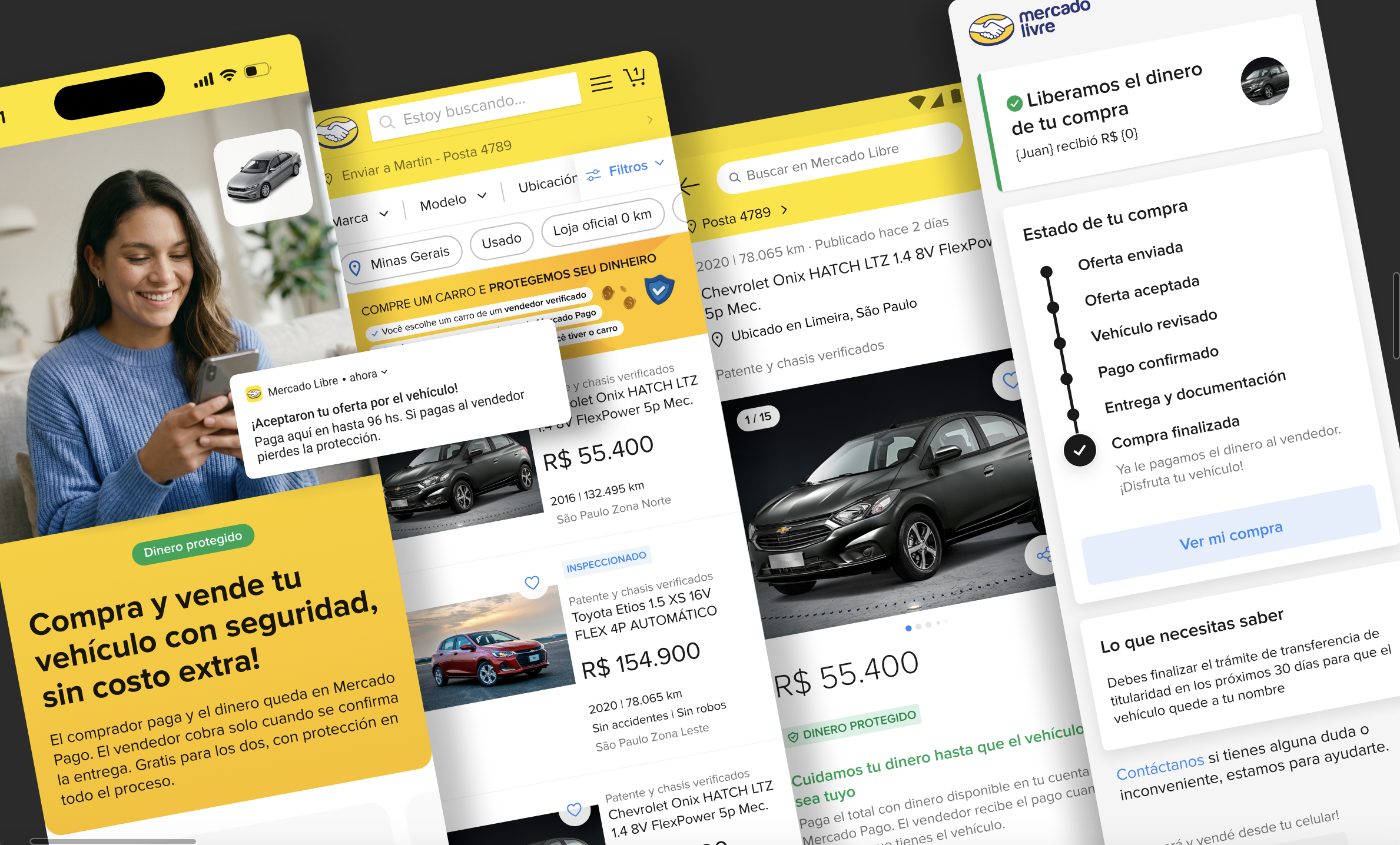 Collage of the Dinero Protegido introduction, vehicle listings, purchase progress, and payment-release screens.