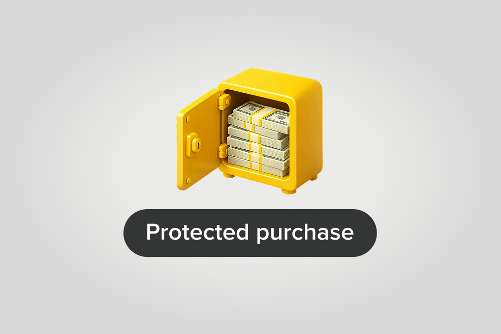 Open gold safe holding money above the label Protected purchase.