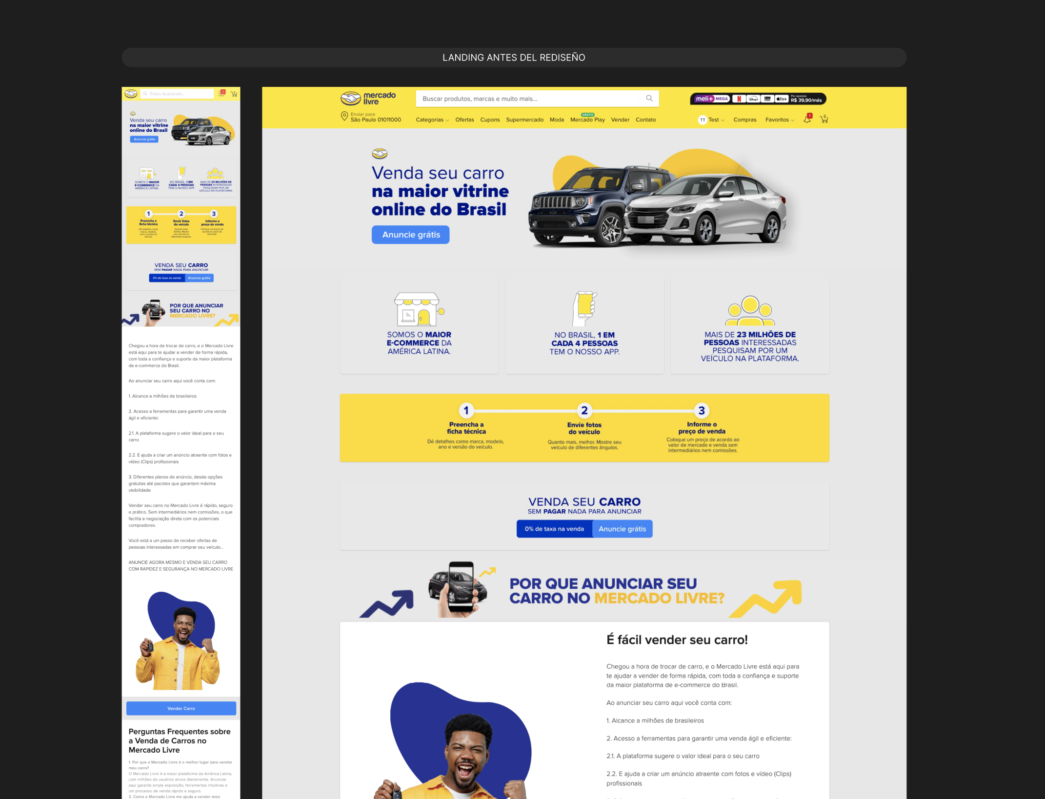 Design board showing narrow and desktop views of the previous Sell your car landing.